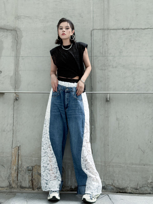 Lace Contrast Wide Denim Pants